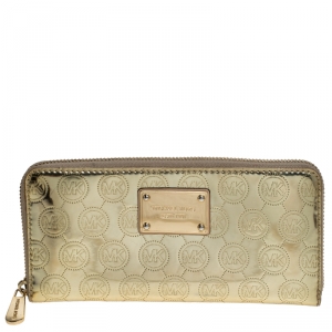 Pre Owned Michael Kors Gold Monogram Patent Leather Jet Set Zip Around Wallet
