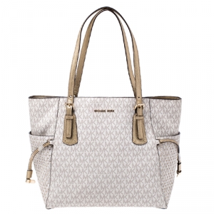 Pre Owned Michael Kors White Signature Voyager Tote