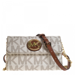 Pre Owned Michael Kors White Signature Canvas Fulton Crossbody Bag