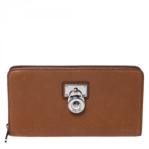 Pre Owned Michael Kors Brown Leather Hamilton Zip Around Wallet