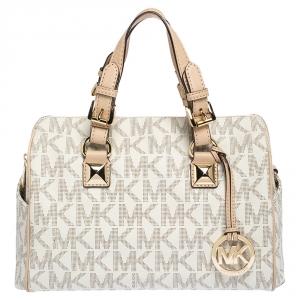 MICHAEL Michael Kors Ivory/Beige Signature Coated Canvas and Leather Grayson Boston Bag