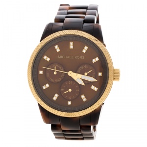 Pre Owned Michael Kors Brown Mother of Pearl Tortoise Shell Acrylic Gold Plated Steel Jet Set Mk5038 Women's Wristwatch 37 mm