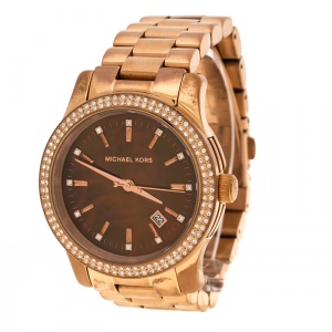 Pre Owned ساعة يد نسائية مايكل كورس راناواي MK5494  ستانلس ستيل مطلي ذهبي وردي صدف بنية 39مم