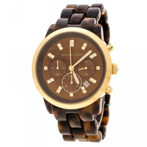 Pre Owned Michael Kors Brown Acrylic Gold Plated Stainless Steel MK5216 Women's Wristwatch 43 mm