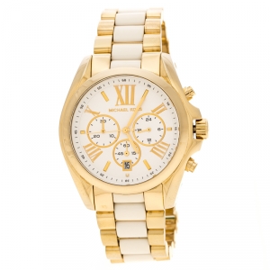 ساعة يد نسائية مايكل كورس برادشو MK5743 سيراميك فولاذ مطلي ذهب أصفر بيضاء فضة 43 مم