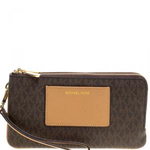 Michael Michael Kors Brown/Beige Signature Coated Canvas and Leather Large Bedford Double Zip Wristlet