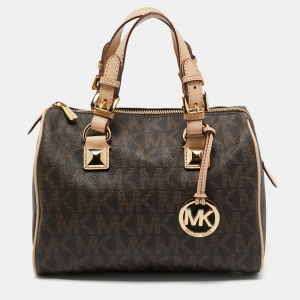 MICHAEL Michael Kors Brown/Beige Signature Coated Canvas and Leather Grayson Boston Bag