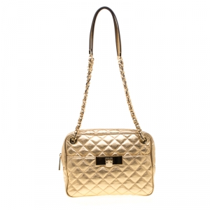 Pre Owned MICHAEL Michael Kors Gold Metallic Leather Large Sloan Chain Shoulder Bag