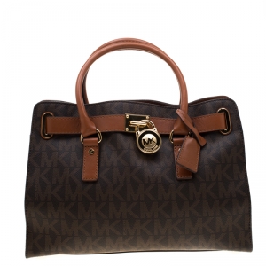 Pre Owned MICHAEL Micheal Kors Brown Logo Leather Large Hamilton Tote