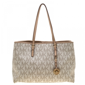 مملوكة مسبقًا MICHAEL Michael Kors Beige Signature Coated Canvas and Leather Jet Set Shopper Tote