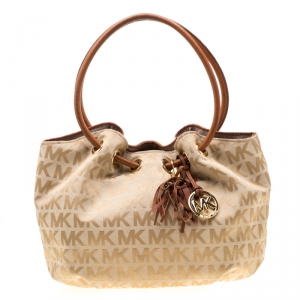 مملوكة مسبقًا حقيبة يد مايكل مايكل كورس شراشيب حلقة جلد وكانفاس شهيرة بنية/ بيج