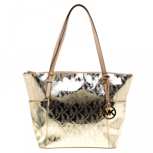 Pre Owned Michael Michael Kors Gold Signature Patent Leather Jet Set Top Zip Tote