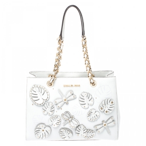 Pre Owned Michael Kors White Embroidered Leather Medium EW Susannah Tote