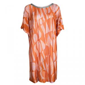 Pre Owned Missoni Mare Orange Patterned Knit Contrast Neck Detail Tunic M