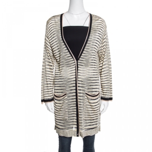 Pre Owned Missoni Yellow and Black Striped Knit Button Front Mabel Cardigan M