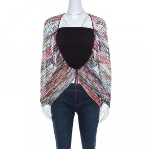 Pre Owned Missoni Multicolor Open Stripe Knit Draped Open Front Cardigan M