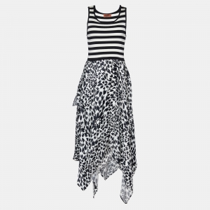 Pre Owned Missoni Monochrome Striped Knit & Satin Asymmetric Dress M