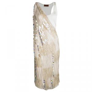 Missoni Beige Perforated Knit Embellished One Shoulder Dress S