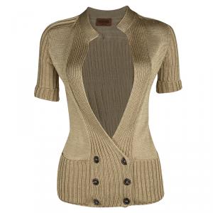 Pre Owned Missoni Gold Rib Knit Short Sleeve Cardigan S