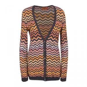 Pre Owned Missoni Multicolor Chevron Pattern Perforated Knit Button Front Long Cardigan M