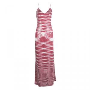 Pre Owned Missoni Red and White Sequin Embellished Knit Noodle Strap Maxi Dress M 