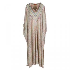 Pre Owned Missoni Beige Patterned Lurex Knit Fringed Neckline Kaftan S