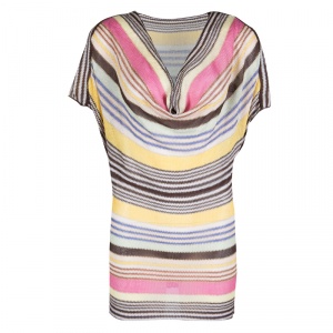 Pre Owned Missoni Multicolor Striped Lurex Knit Detail Short Sleeve Draped Top S