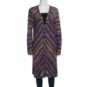 Pre Owned Missoni Multicolor Zigzag Pattern Knit Button Front Long Cardigan M