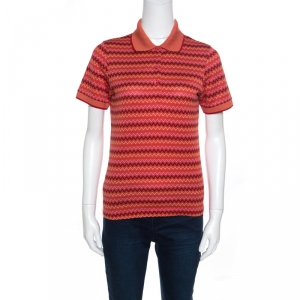 Pre Owned Missoni Burnt Orange Chevron Pattern Jacquard Knit Polo T-Shirt M