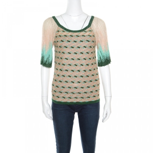 Pre Owned M Missoni Beige and Green Lurex Knit Ombre Raglan Sleeve Top S
