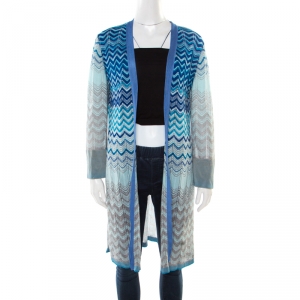 Pre Owned Missoni Blue Lurex Perforated Knit Chevron Pattern Open Front Cardigan L
