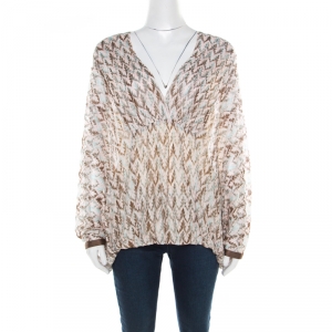 Pre Owned Missoni Pink and Brown Perforated Knit Plunge Neck Kaftan Top M