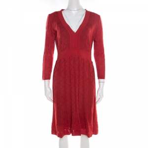 Pre Owned M Missoni Red Stretch Knit Long Sleeve Fit and Flare Dress L