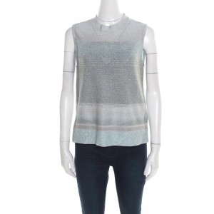 Pre Owned Missoni Silver and Blue Gradient Lurex Knit High Neck Sleeveless Top L