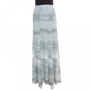 Pre Owned Missoni Blue and Silver Chevron Pattern Perforated Lurex Knit Maxi Skirt L