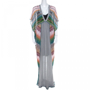 Missoni Multicolor Patterened Knit Perforated Yoke Maxi Kaftan Dress M