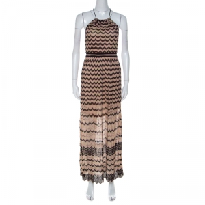 Pre Owned M Missoni Beige & Black Chevron Knit Halterneck Backless Maxi Dress S