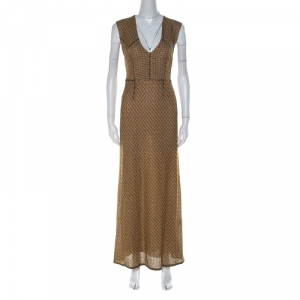 Pre Owned Missoni Gold Lurex & Black Chevron Pattern Deep V-Neck Long Knit Dress S