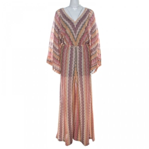 M Missoni Multicolour Chevron Crochet Knit Drawstring Waist Long Sleeve Lurex Jumpsuit S