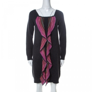 Pre Owned Missoni Grey and Pink Wool Ruffle Front Detail Tunic Sweater L 