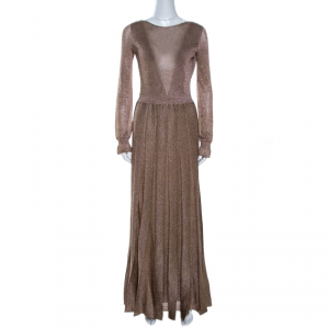 Pre Owned Missoni Gold Lurex Knit Plunge Back Pleated Gown S