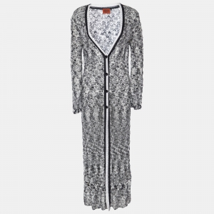 Pre Owned Missoni Monochrome Open Knit Button Front Long Cardigan M