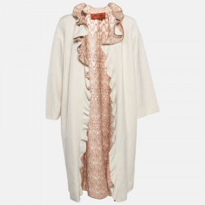 Missoni Cream Silk and Linen Ruffled Open Front Coat M