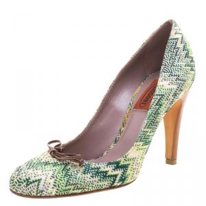 Pre Owned Missoni Green Patterned Knit Fabric Bow Pumps Size 36.5