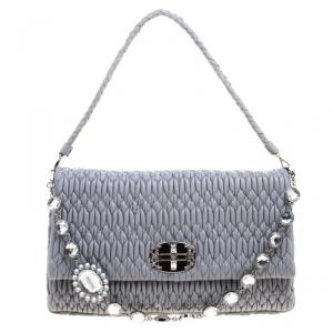Miu Miu Grey Matelassé Leather Crystal Flap Shoulder Bag