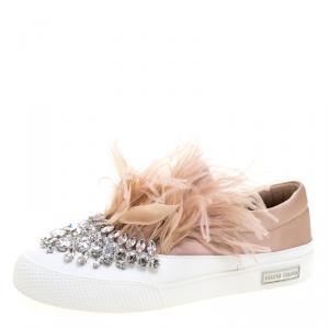 Miu Miu Blush Pink Crystal Embellished Satin With Marabou Feathers  Slip On Sneakers Size 38