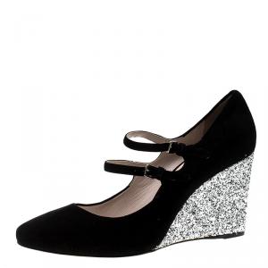 Miu Miu Black Suede Mary Jane Glitter Wedge Pumps Size 41