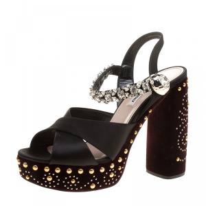 Miu Miu Black Crystal Embellished Satin and Studded Velvet Platform Sandals Size 38.5