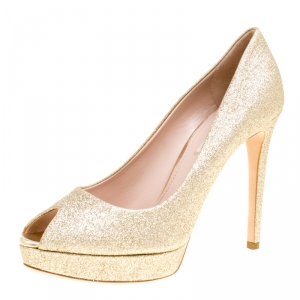Miu Miu Metallic Gold Glitter Peep Toe Platform Pumps Size 39.5