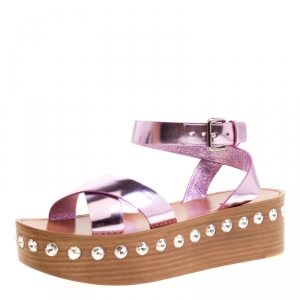 Miu Miu Metallic Purple Leather Crystal Embellished Wooden Platform Ankle Strap Sandals Size 39